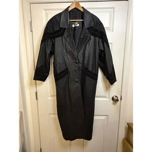 Vintage 80s Evan Todd Black‎ Leather Suede Trimmed Long Trench Coat Womens S
